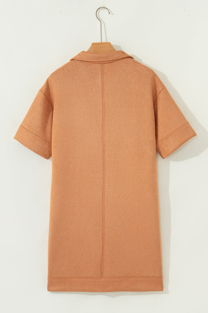 Thai Curry Collared V Neck Faux Suede Short Sleeve Shift Mini Dress