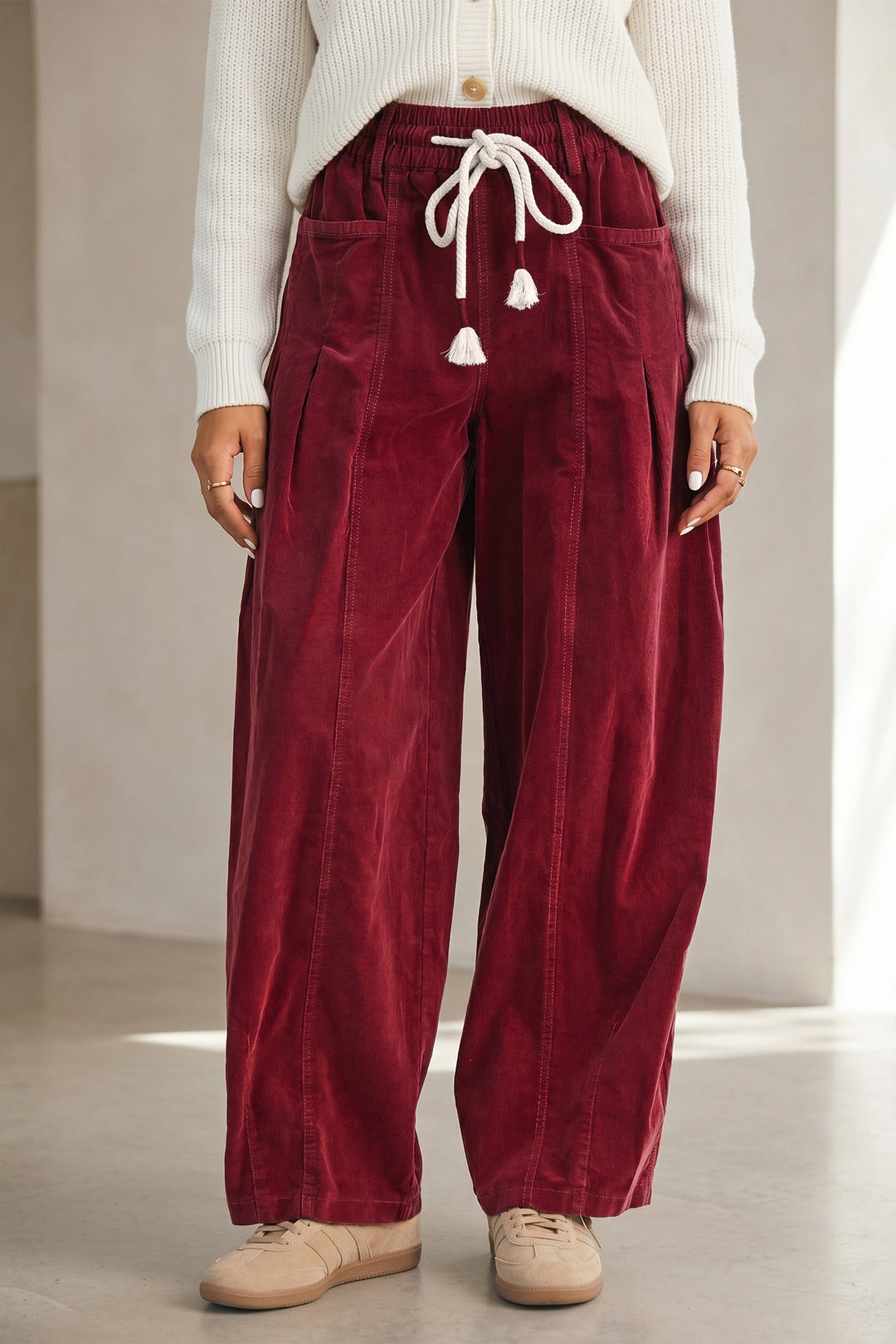 Racing Red Elastic Waist Drawstring Corduroy Casual Pants