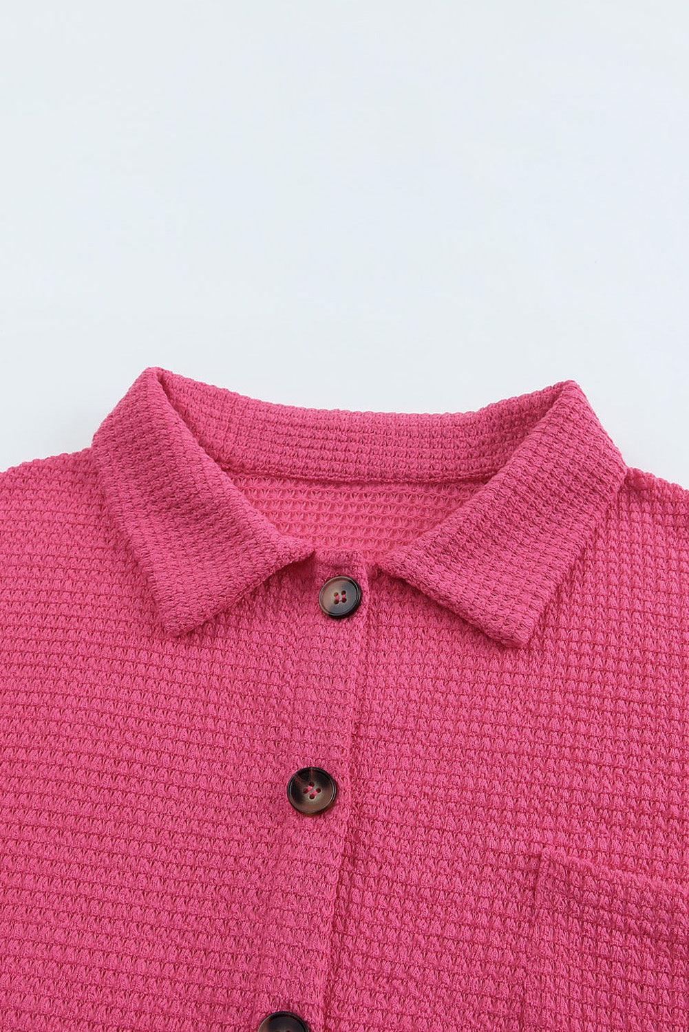 Pink Waffle Knit Button Up Casual Shirt