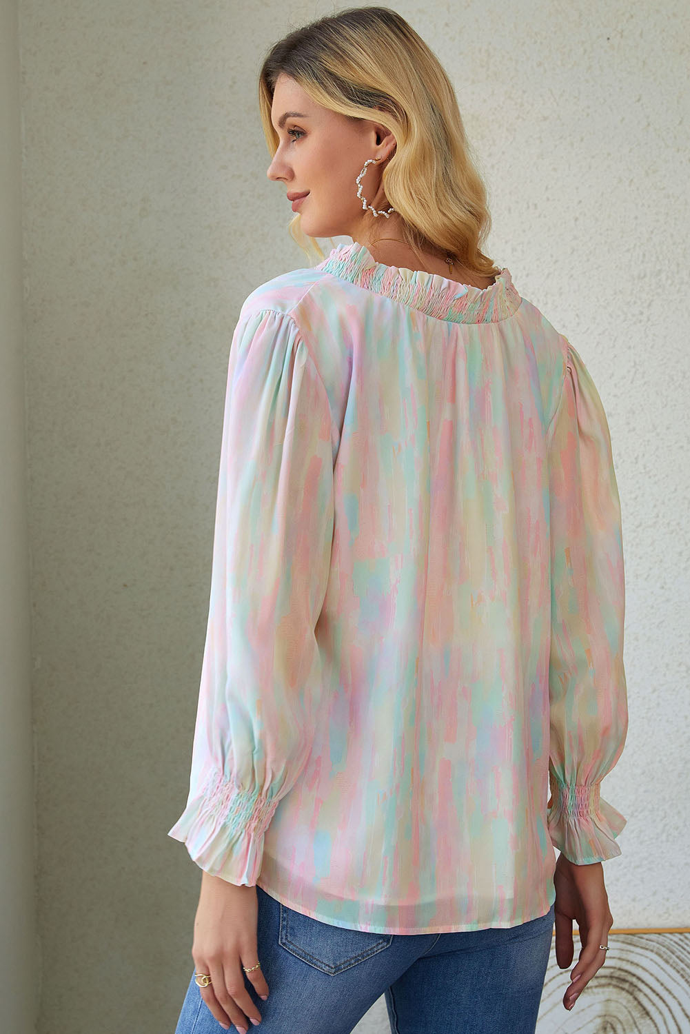 Multicolor Abstract Print Frilled Buttoned Long Sleeve Shirt