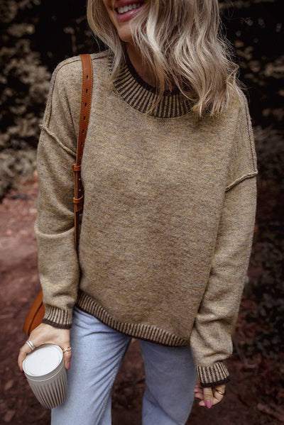 Pale Khaki Contrast Trim Mock Neck Drop Shoulder Sweater