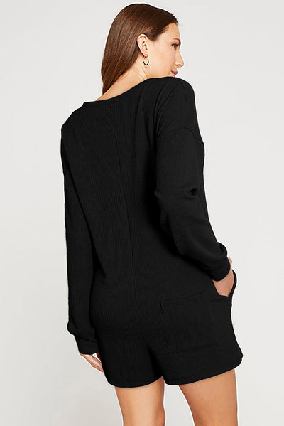 Black Brushed Ribbed Button Split V Neck Long Sleeve Romper