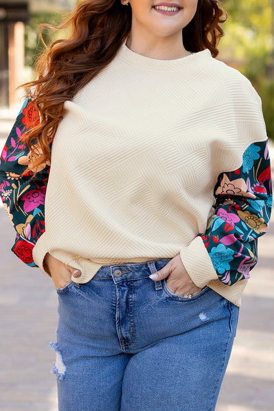 White Floral Patchwork Sleeve Textured Plus Size Pullover Top