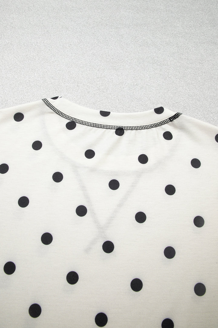 Beige Polka Dot Half Sleeve Loose Top Elastic Waist Casual Pants Set