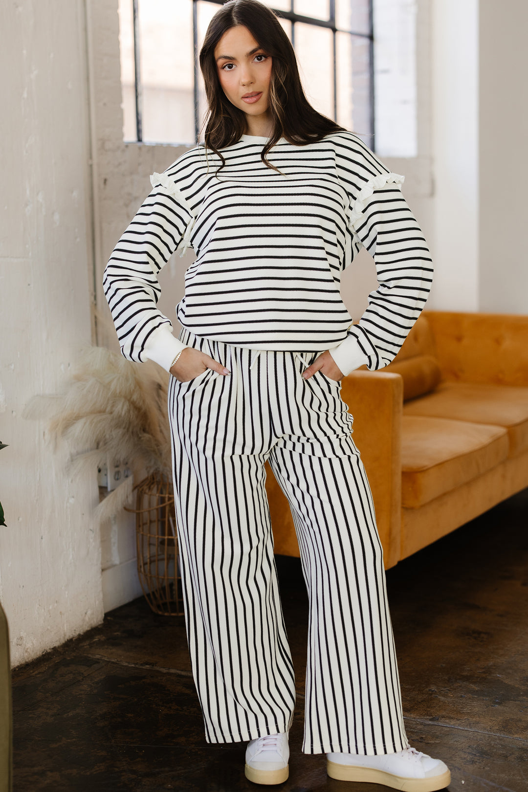 White Stripe Ruffle Trim Drop Shoulder Top Drawstring Loose Pant Set