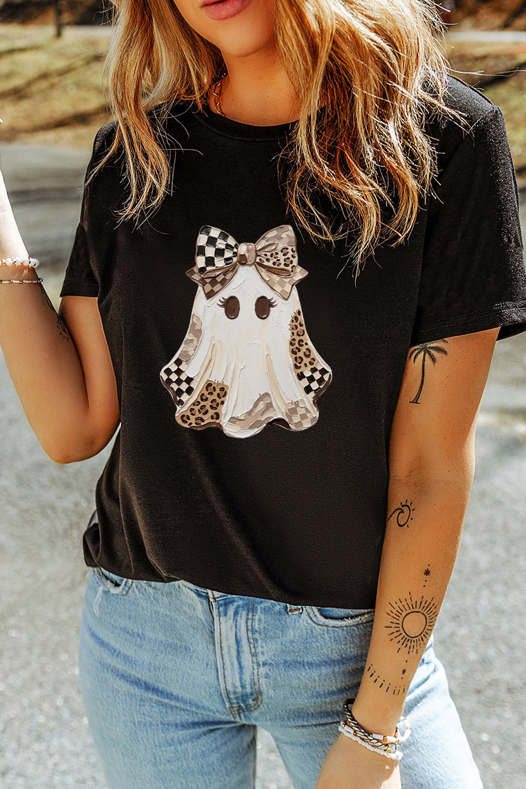 Black Checkered Leopard Ghost Print Round Neck Halloween T Shirt