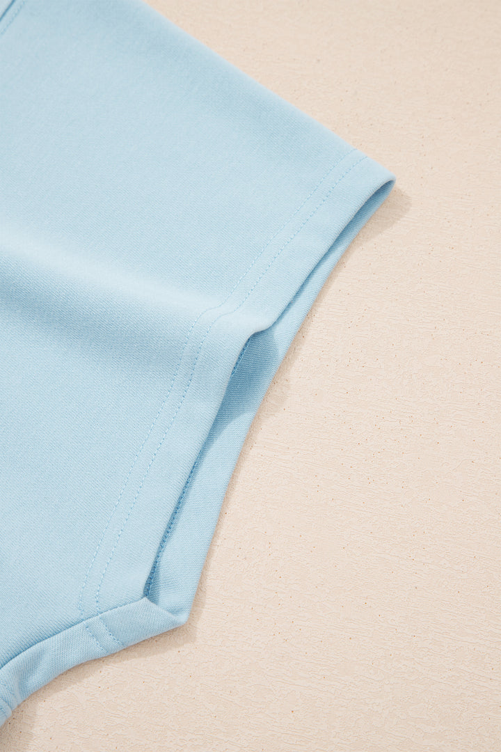 Clearly Aqua Solid Color Ribbed Trim Short Sleeve Top Drawstring Loose Pants 2pcs Outfit