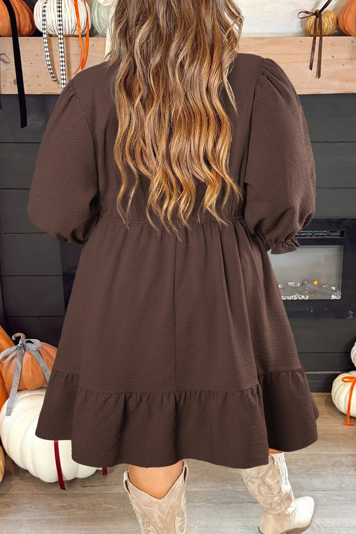 Coffee Plus Size Frilled Trim V Neck Puff Sleeve Textured Mini Dress