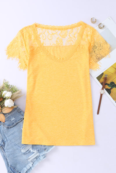 Yellow Lace Crochet Short Sleeve U Neck T Shirt