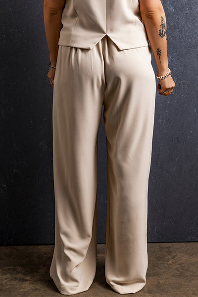 Apricot Elastic Waist Pleated Wide Leg Pants