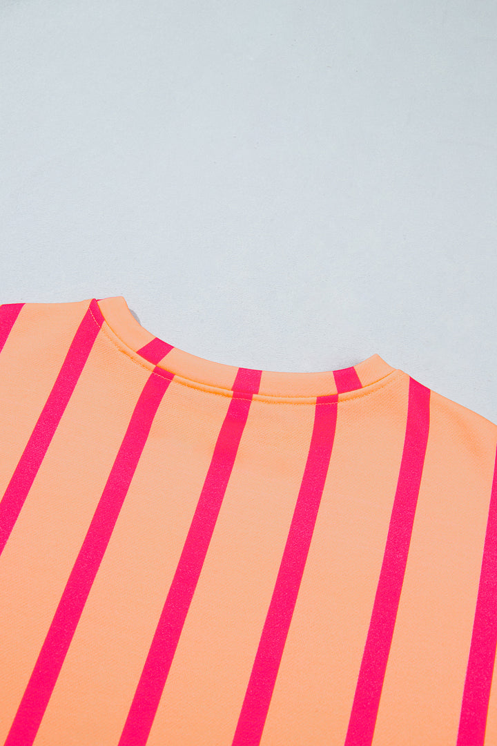 Pink Stripe Dropped Shoulder Round Neck Casual Sweatshirt