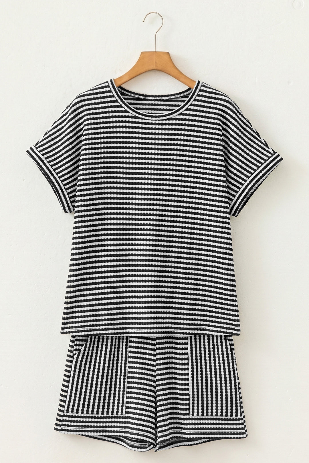 Brown Stripe Breathable Textured Knit Short 2pcs Set