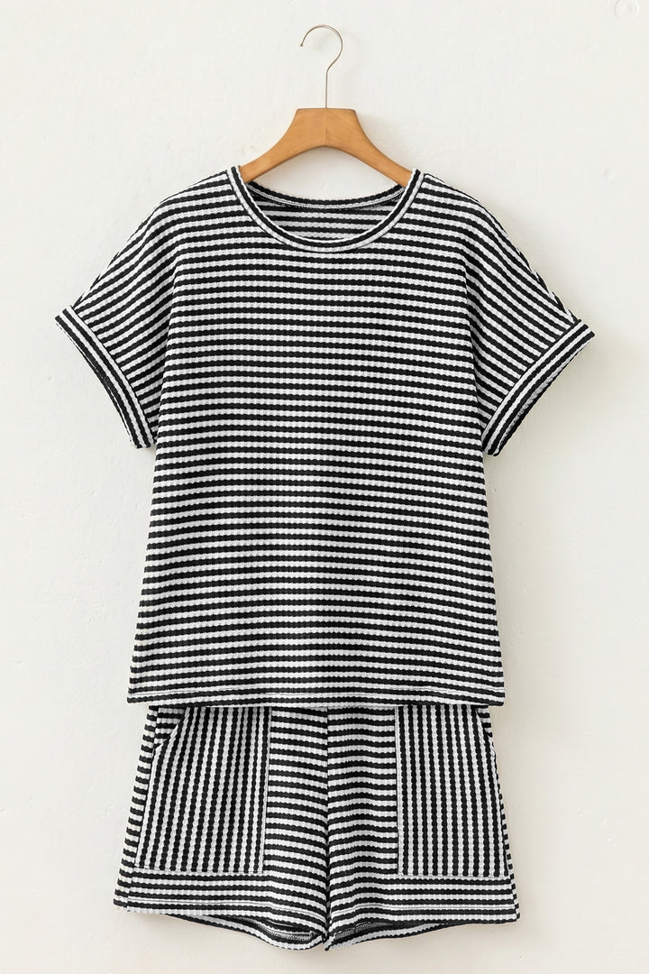 Brown Stripe Breathable Textured Knit Short 2pcs Set