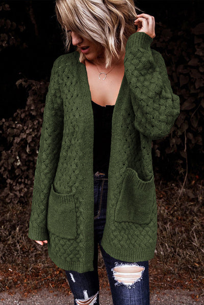 Green Open Front Woven Texture Knitted Cardigan with Pockets