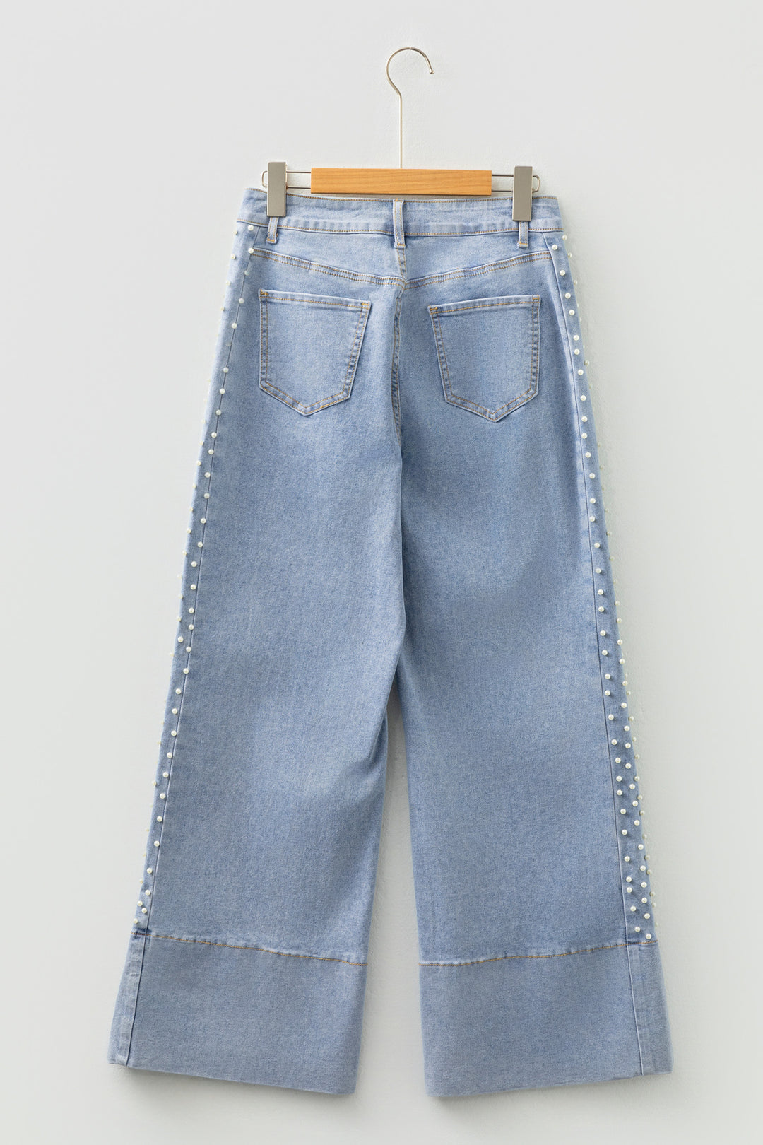 Beau Blue Mid Rise Pearl Embellished Split Wide Leg Jeans
