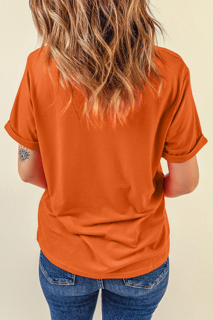 Orange Casual Pumpkin Embroidered Round Neck T-Shirt