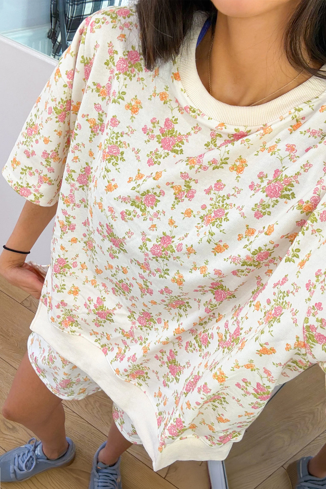 Sky Blue Floral Print Short Sleeve Elastic Waist Pocket Casual Two Piece Short Sets