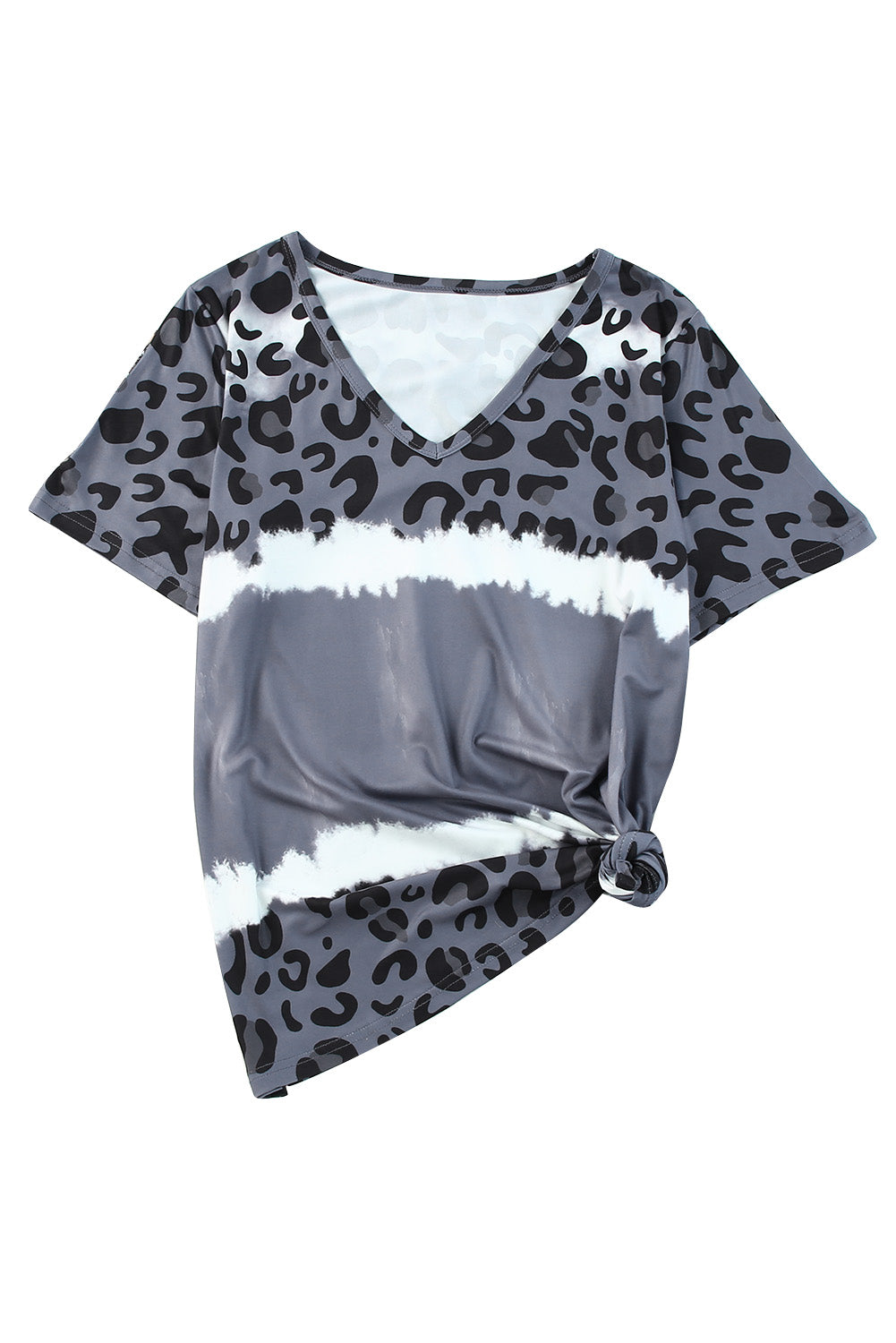 Gray Tie Dye Leopard Patchwork Short Sleeve Top