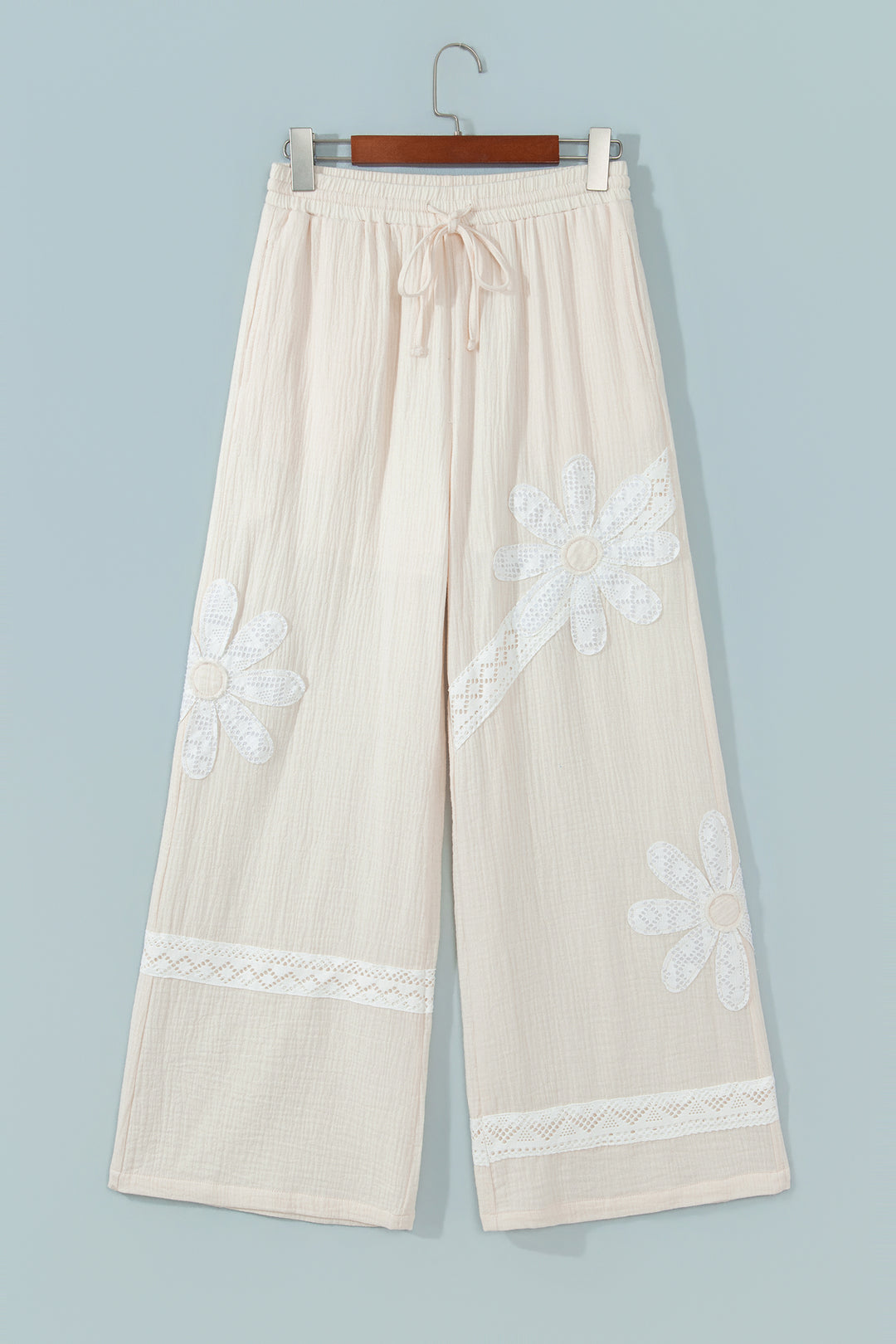 White Floral Lace Patchwork Boho Wide Leg Casual Pants