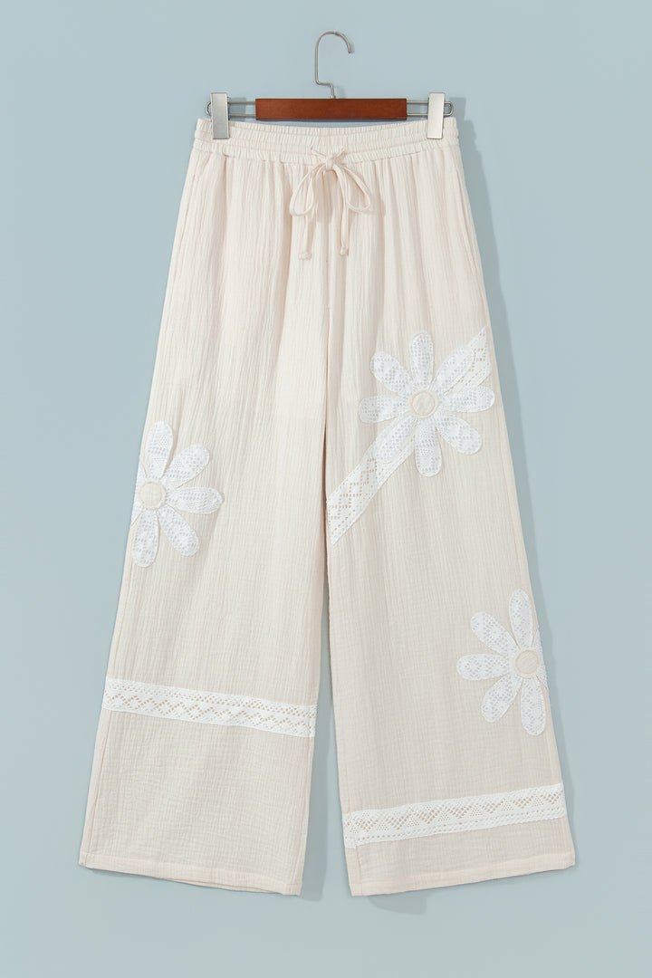 White Floral Lace Patchwork Boho Wide Leg Casual Pants