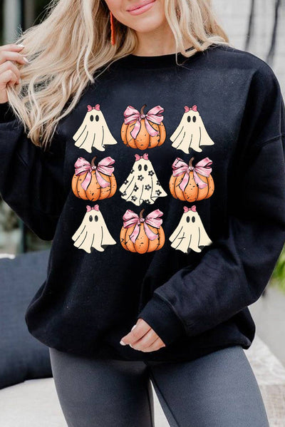 Black  Halloween Bowknot Ghost Pumpkin Graphic Crewneck Sweatshirt