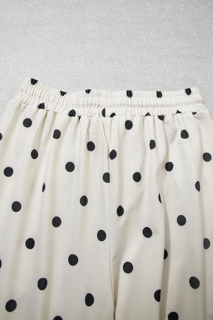 Beige Polka Dot Half Sleeve Loose Top Elastic Waist Casual Pants Set