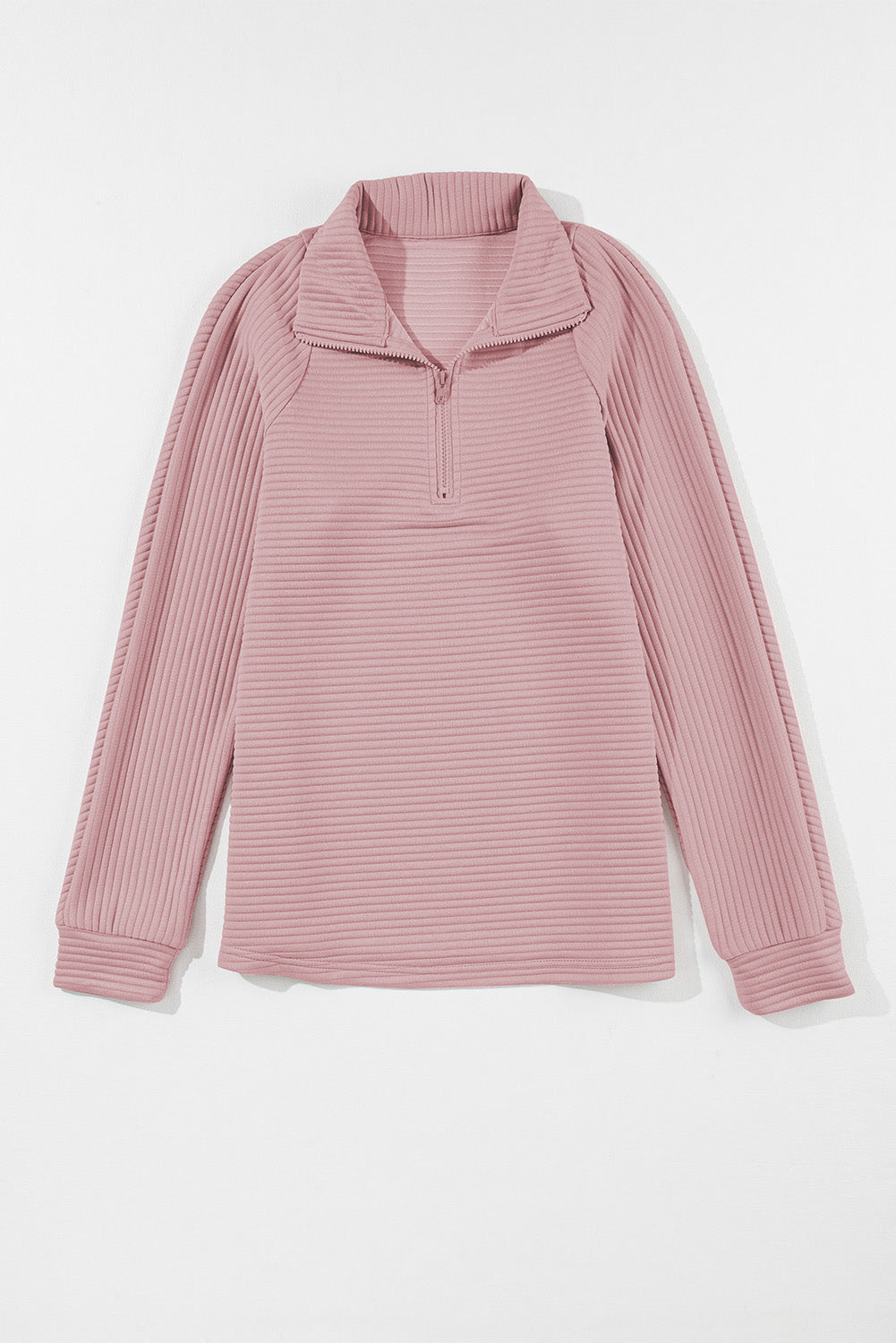 Peach Blossom Ribbed Texture Quarter Zip Sweatshirt