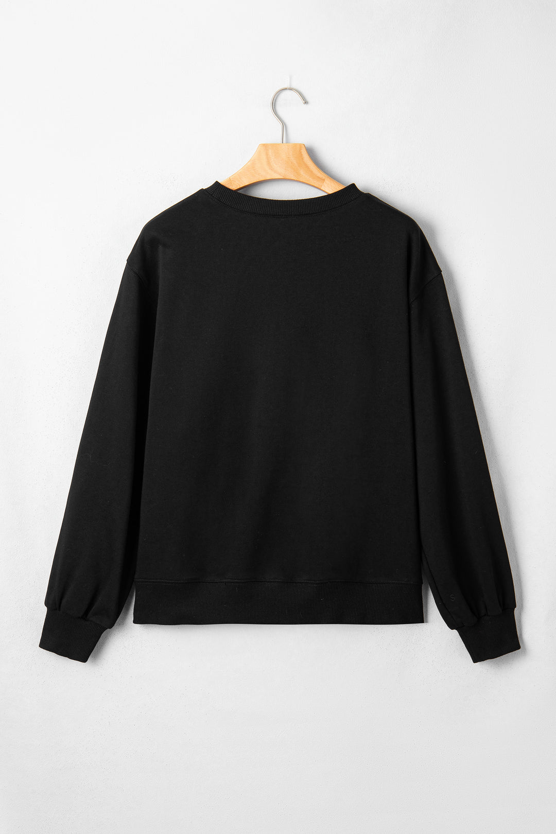 Color black Embroidered Spooky Season Graphic Long Sleeve Round Neck Pullover Sweatshirt