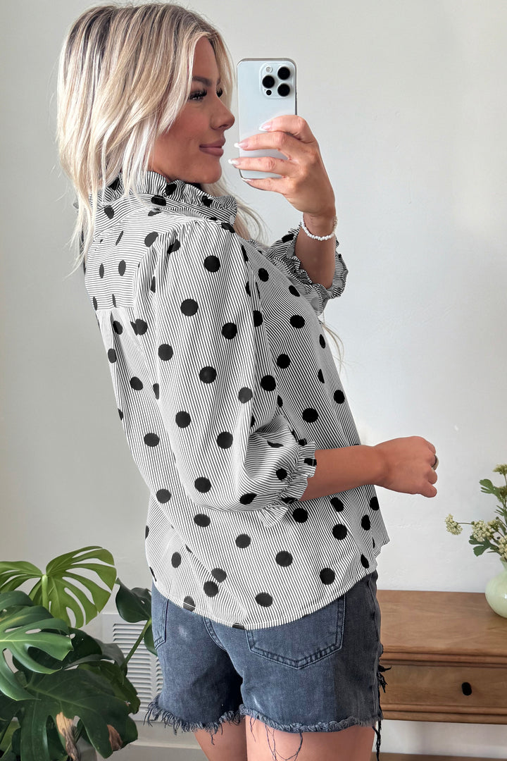 Black white Polka Dot Striped Print Ruffle Stand Neck 3/4 Sleeve Shift Shirt