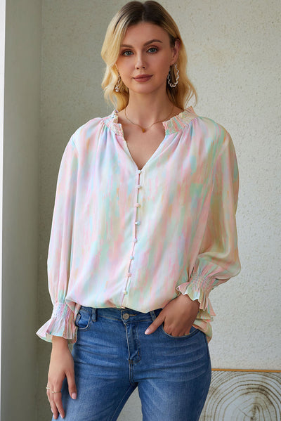 Multicolor Abstract Print Frilled Buttoned Long Sleeve Shirt