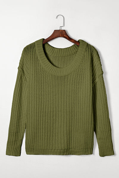 Jungle Green Ribbed Knit Round Neck Slouchy Chunky Sweater