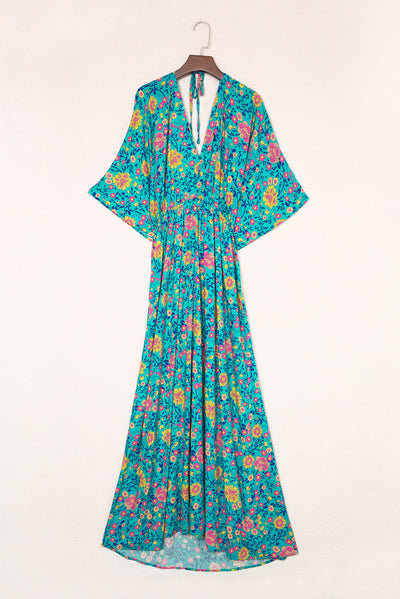 Green Boho Deep V Neck Floral Maxi Dress