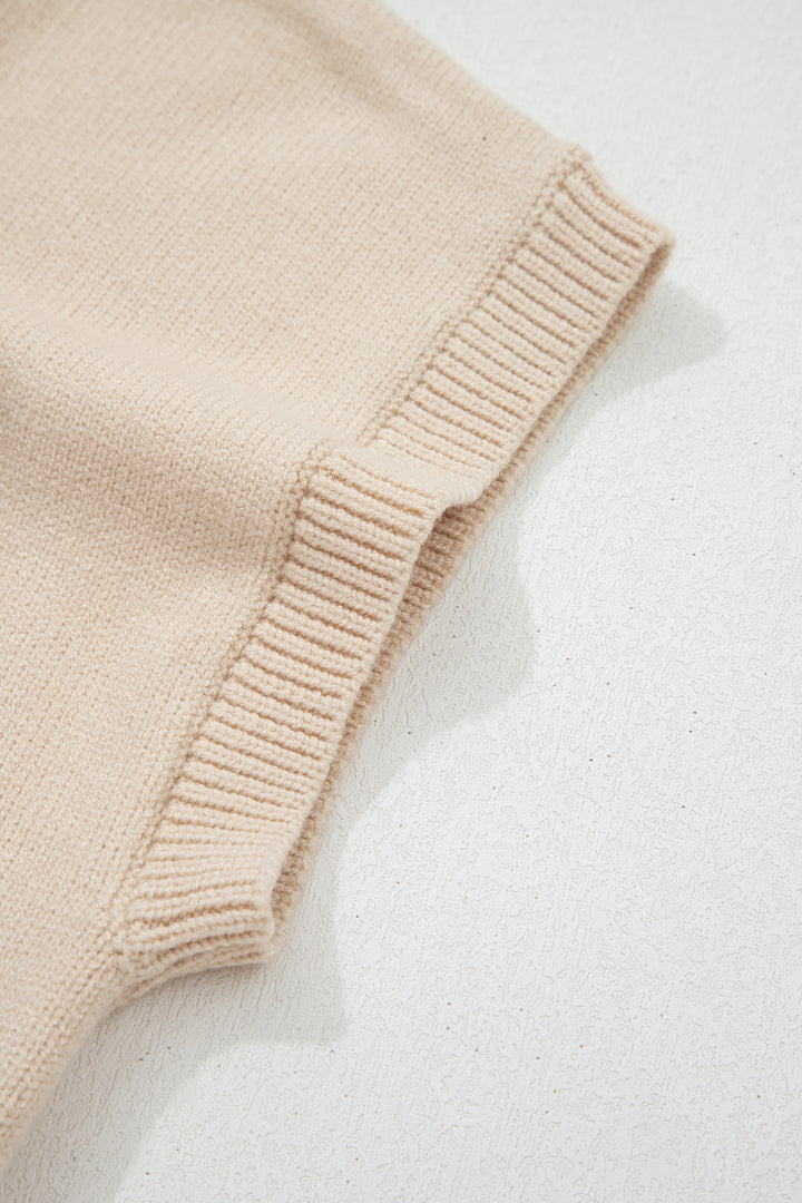 Parchment Corded Horseshoes Ribbed Trim Mock Neck Short Sleeve Sweater