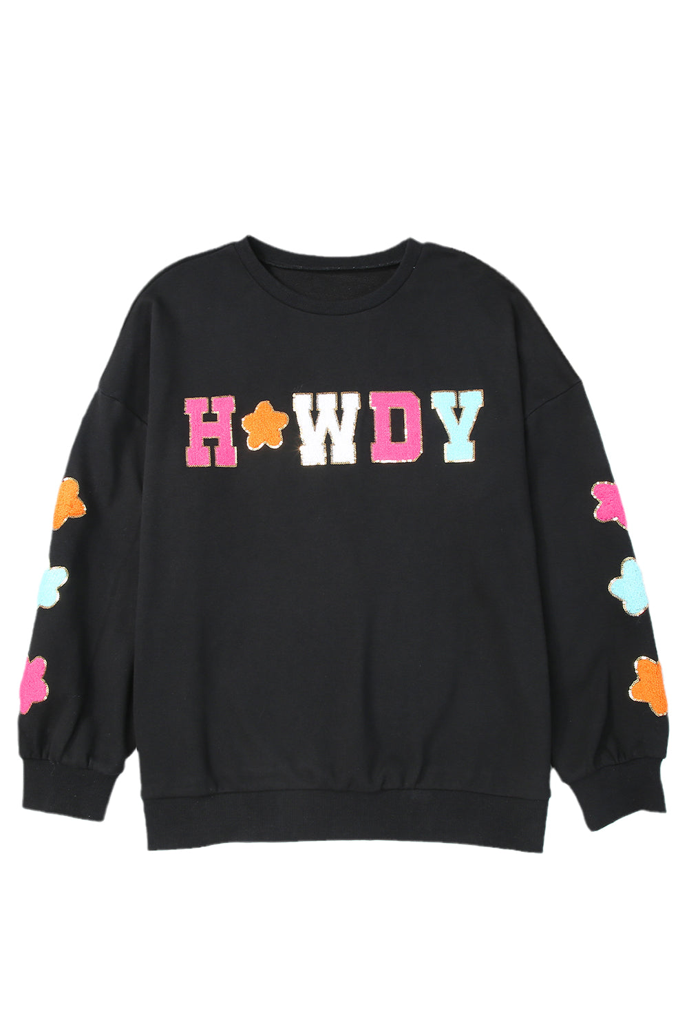 Black Howdy Glitter Chenille Patch Graphic Casual Sweatshirt