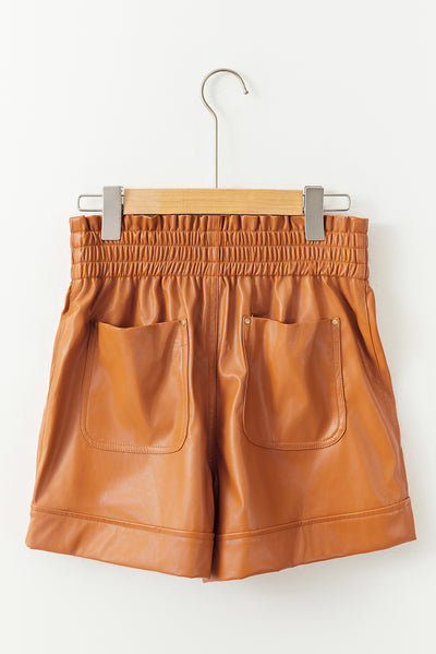 Brown Patch Pockets Faux Leather High Rise Shorts