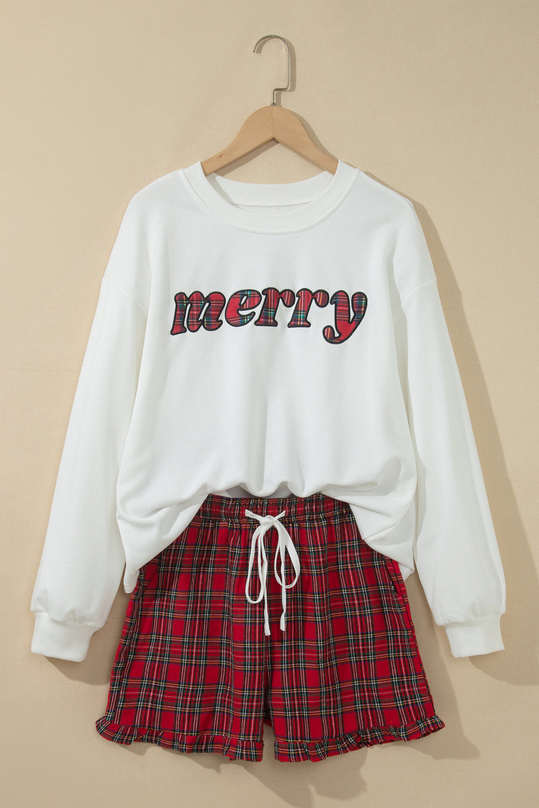 White Plaid Merry Slogan Embroidered Pocket Long Sleeve Shift Lounge Set