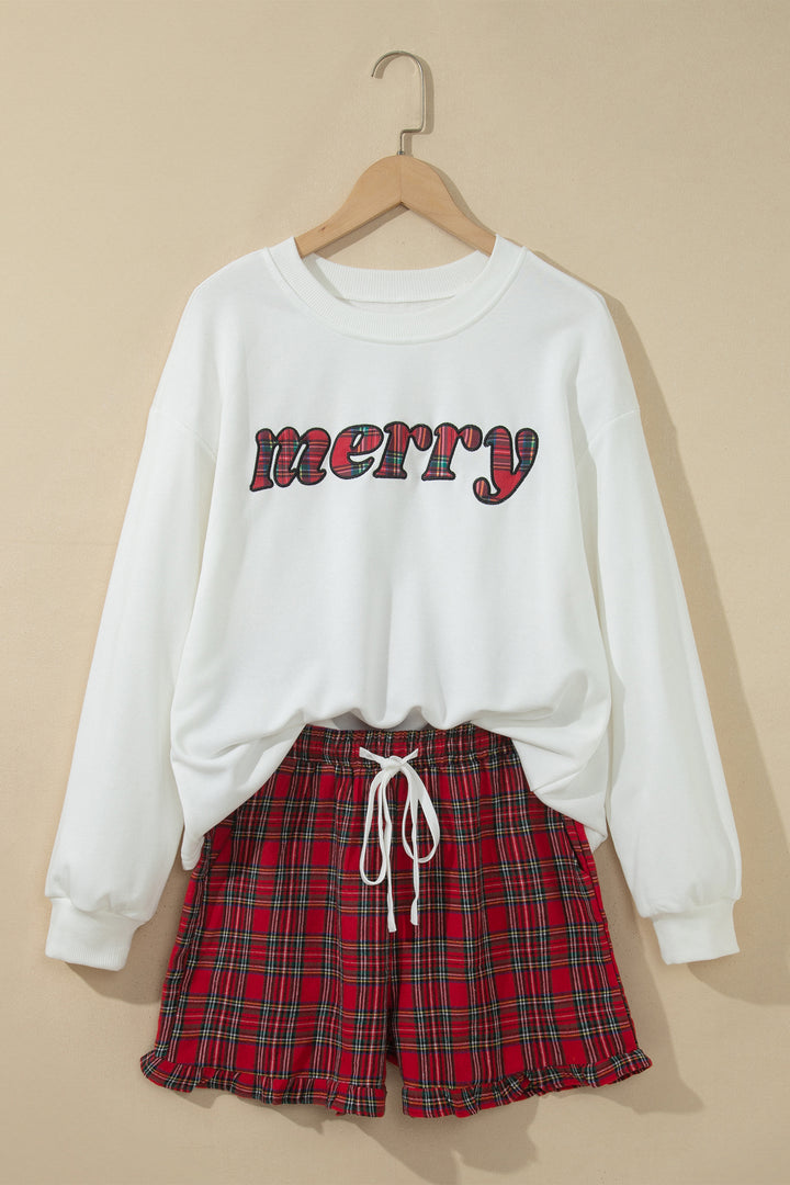 White Plaid Merry Slogan Embroidered Pocket Long Sleeve Shift Lounge Set