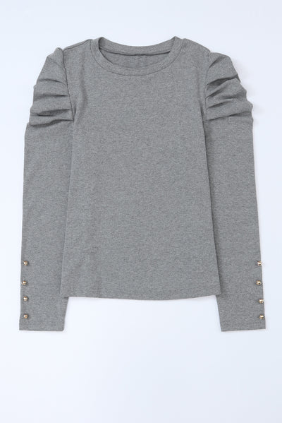 Gray Buttoned Puff Long Sleeve Sheath Top