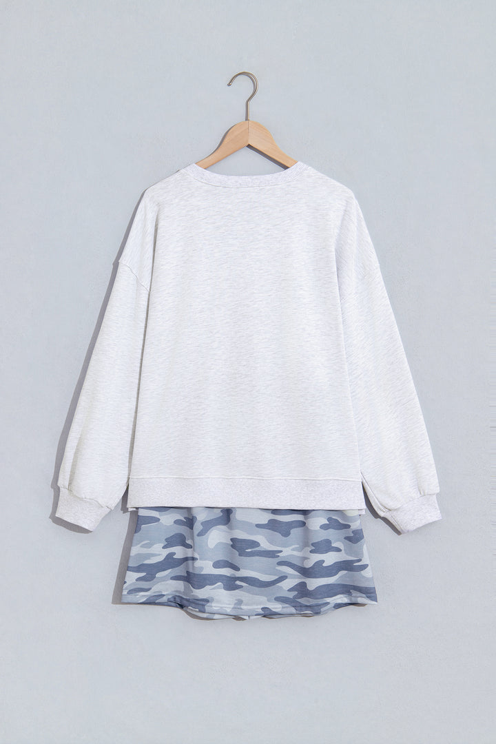 Gray Camo Letter Print Lounge Long Sleeve Top Skort 2pcs Set