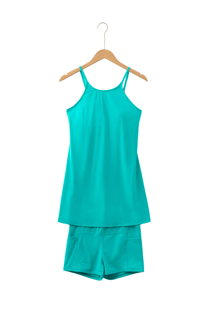Bright Pink Solid Color Tunic Tank Dress Athletic Shorts Two Piece Set
