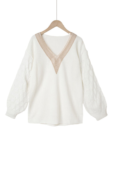 White Cable Puff Sleeve Lace V Neck Sweater