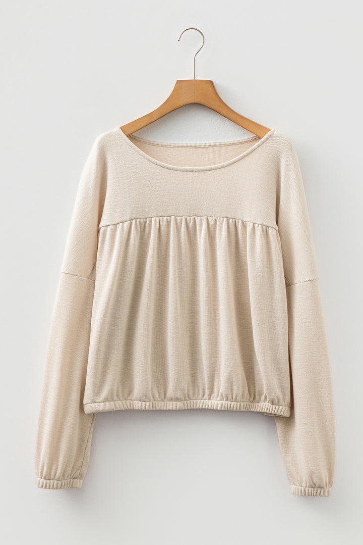 Jet Stream Textured Pleated Drop Shoulder Long Sleeve Knit Top