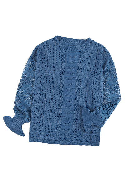 Blue Crochet Lace Pointelle Knit Sweater