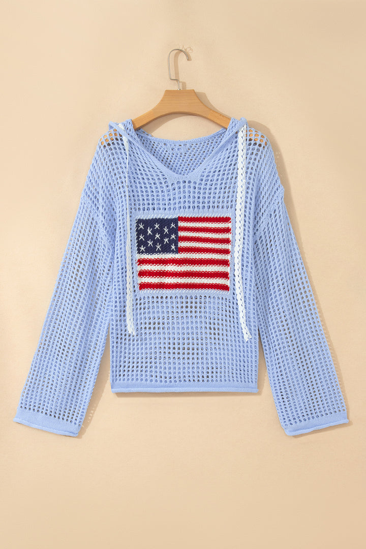 White Hollow Out Crochet Knit American Flag Patched Sweater Hoodie