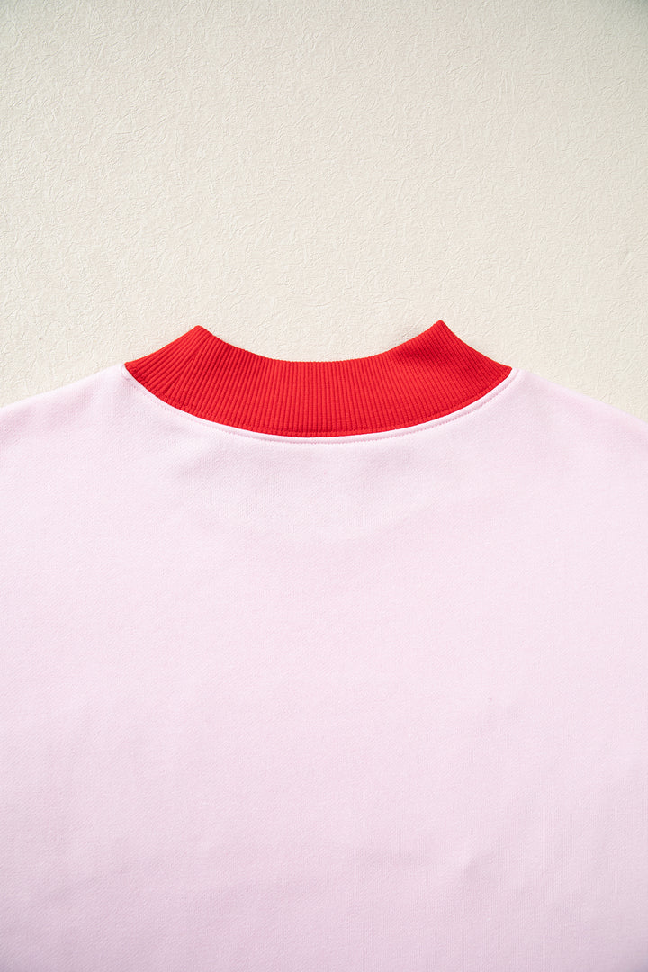 Pink Polka Dot Letter Graphic Colorblock Tunic Sweatshirt