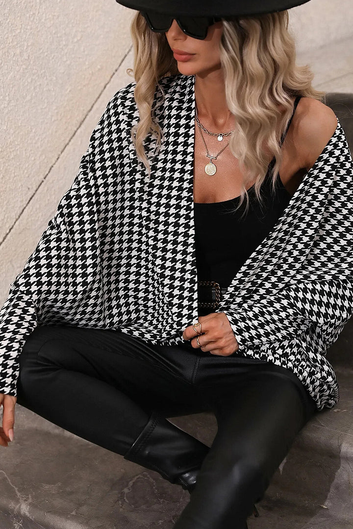 Black Houndstooth Print Open Front Long Dolman Kimonos