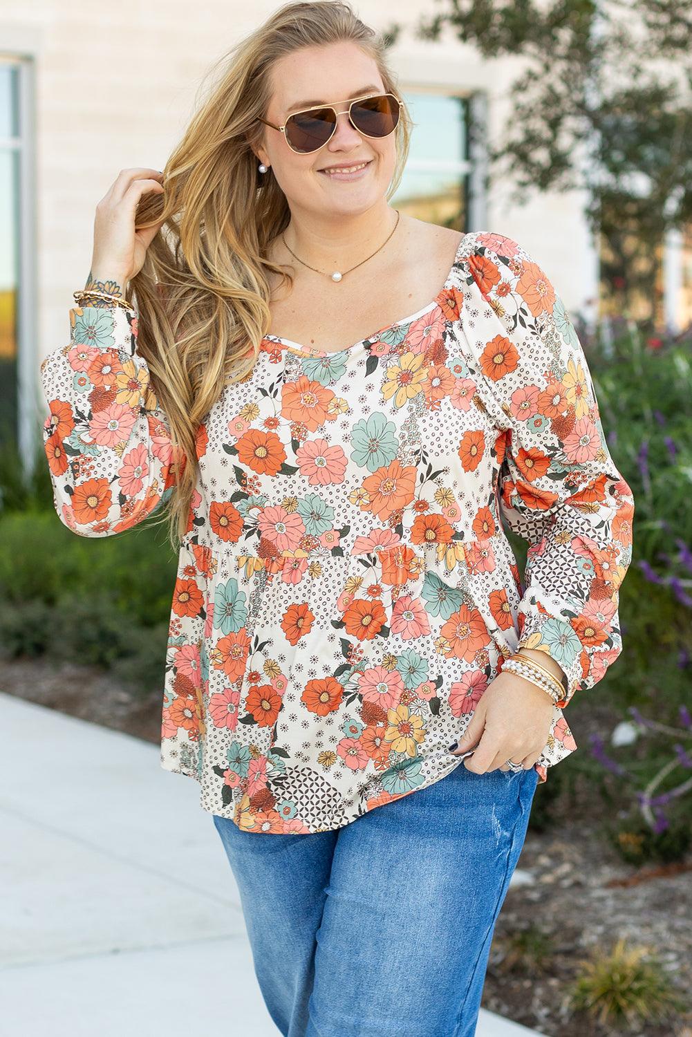 Khaki Plus Size Flower Print Square Neck Peplum Blouse