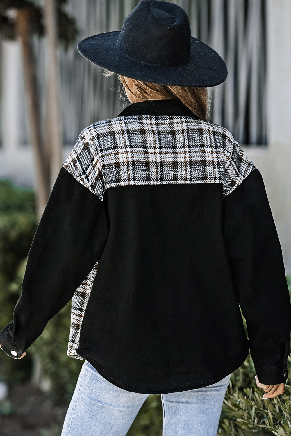 Black Plaid Patchwork Raw Hem Denim Jacket