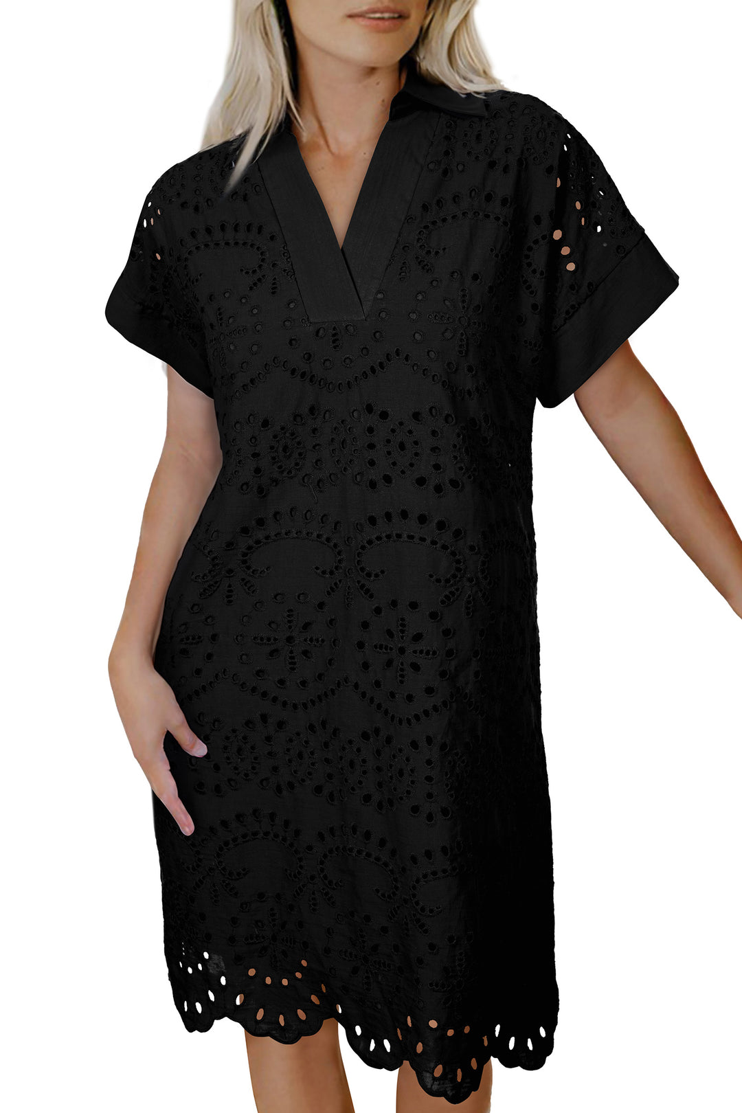 Dark Blue Solid Color Eyelet Embroidered T Shirt Mini Dress