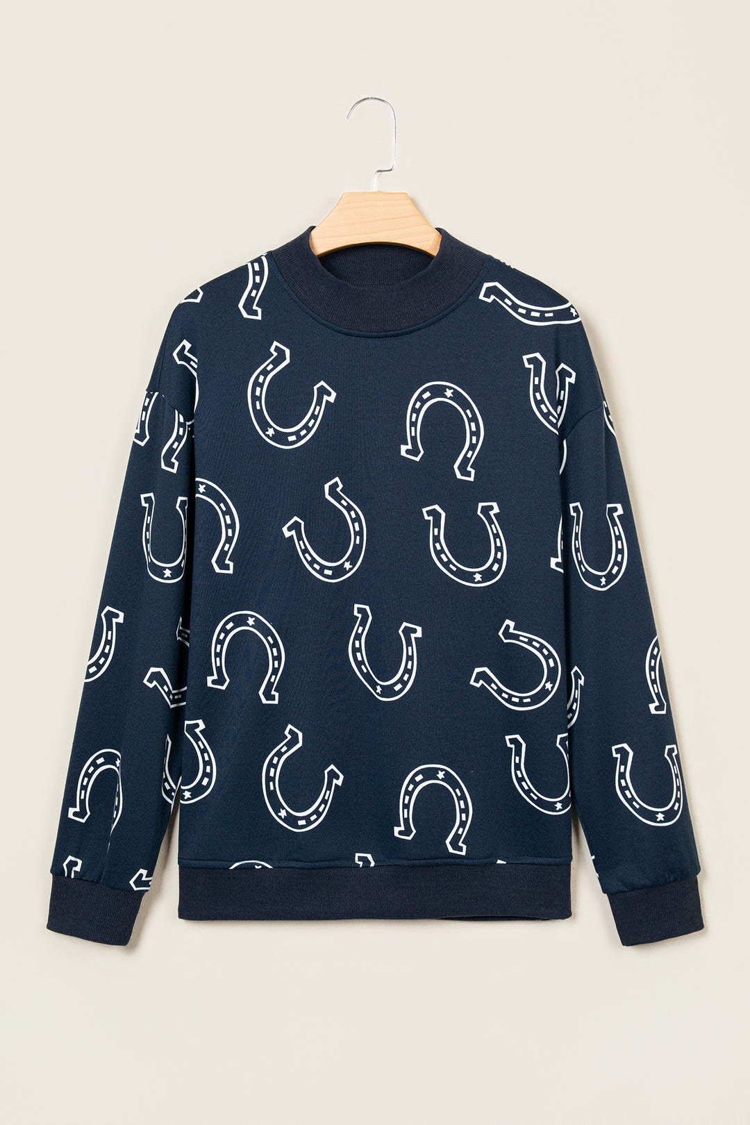 Blue Western Horseshoe Print Mock Neck Casual Pullover Sweatshirt